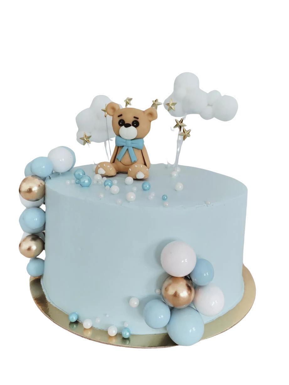 Tarta azul de baby shower con ositos y nubes